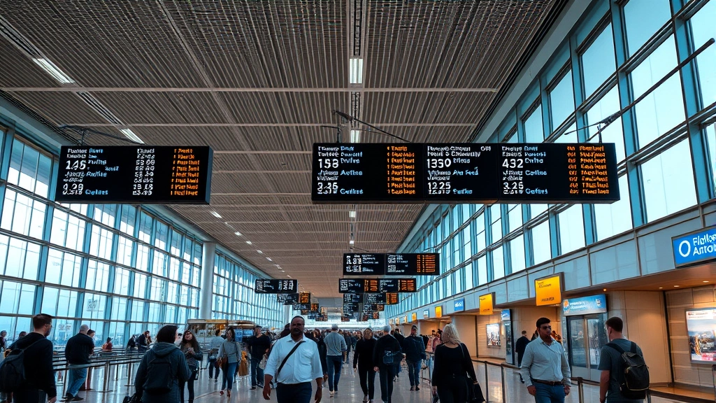 Modern airport terminal with passengers walking through security checkpoint with digital displays showing flight information and departure times