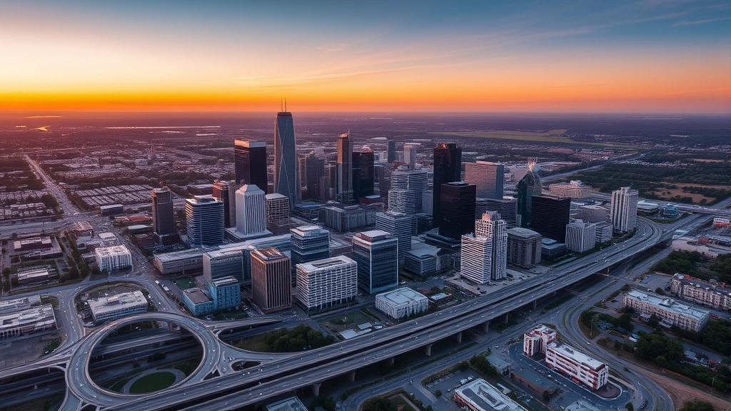 Aerial view of Dallas skyline at sunset showing downtown buildings, highways, and surrounding landscape with golden hour lighting
