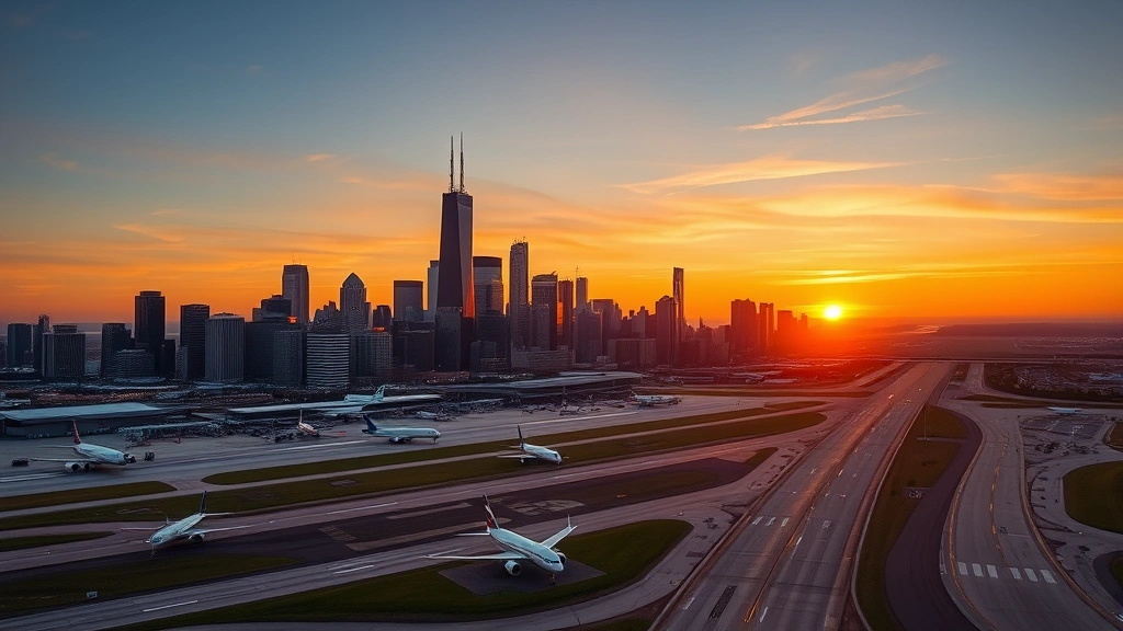 Aerial view of Chicago skyline with O'Hare airport runway in background, modern city skyline at sunset, planes on taxiway, professional travel photography