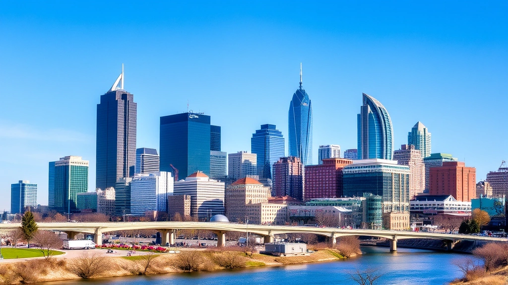 Dallas downtown skyline with modern skyscrapers, Trinity River in foreground, blue sky, vibrant urban landscape, daytime architectural photography