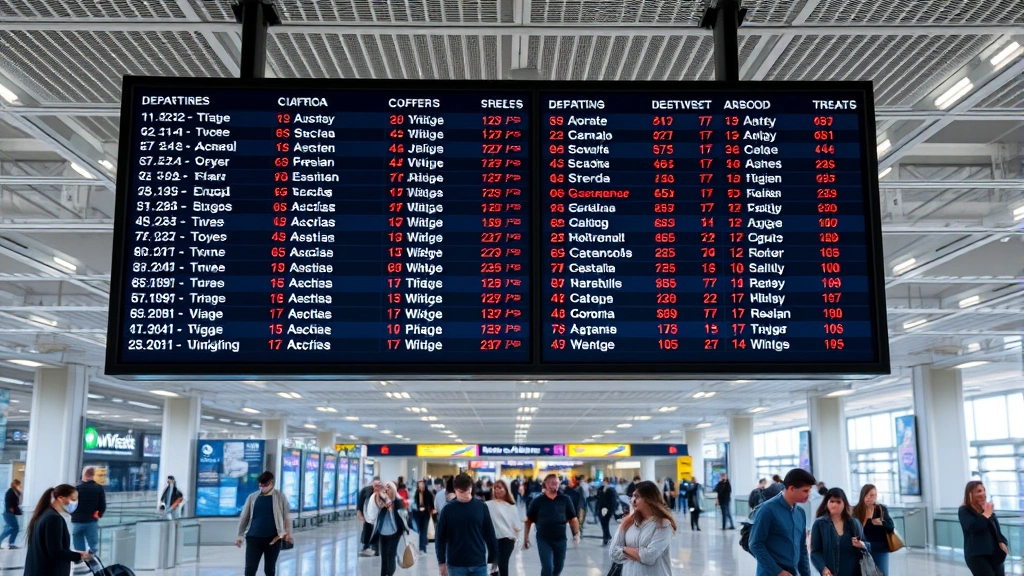Airport departure board showing flight times and destinations, busy terminal with travelers, modern airport interior, bright professional lighting, travel hub atmosphere