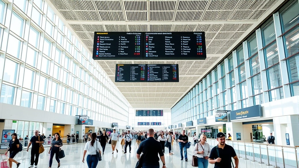 Dallas DFW airport terminal interior showing modern architecture, travelers walking through bright corridors with natural light, departure boards overhead, bustling but organized atmosphere
