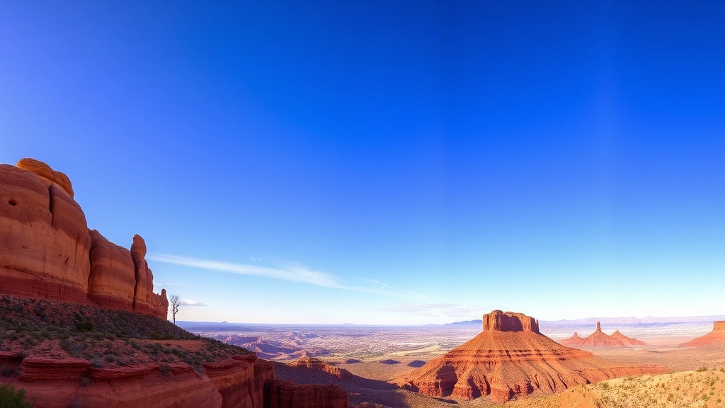 Arizona desert landscape with red rock formations, blue sky, and Phoenix metropolitan area visible in distance, golden sunlight illuminating canyon walls, wide panoramic perspective