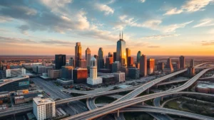 Aerial view of Dallas skyline with modern skyscrapers and highways intersecting below, golden hour lighting, professional travel photography style