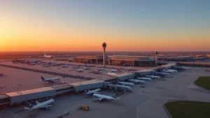 Aerial view of Dallas-Fort Worth International Airport terminals at sunrise with planes parked at gates, clear Texas sky, professional airport infrastructure photography