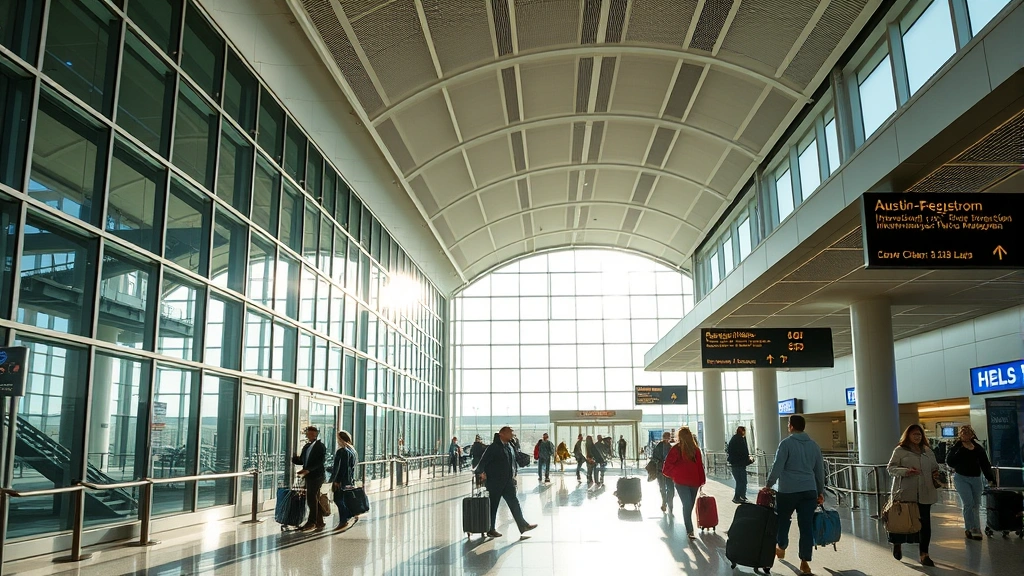 Austin-Bergstrom International Airport exterior with modern architecture, baggage claim area, travelers with luggage, natural daylight streaming through windows, bustling airport environment