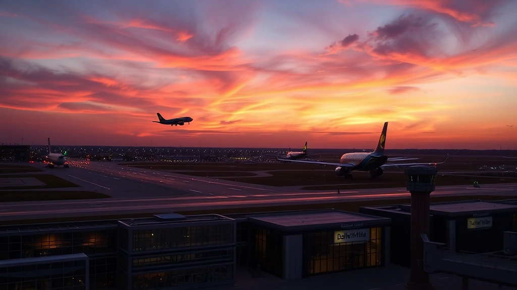 Aerial view of Dallas Fort Worth International Airport at sunset with runway lights and commercial aircraft taking off, modern glass terminals visible, vibrant Texas sky with orange and purple hues, professional travel photography
