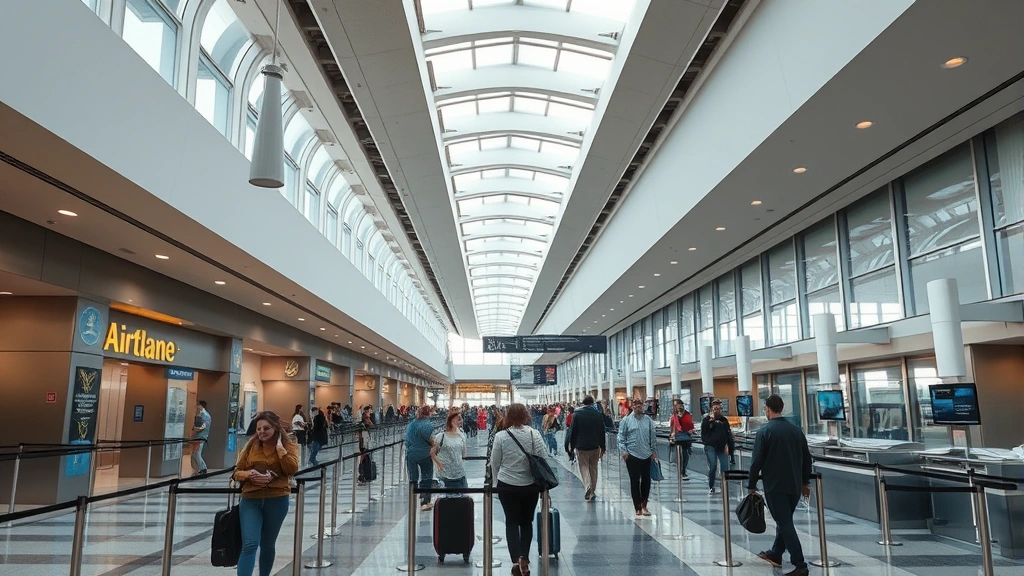 Boston Logan International Airport interior modern terminal with travelers moving through security, sleek architecture with natural light, contemporary airline counters, bustling but organized atmosphere, photorealistic airport scene