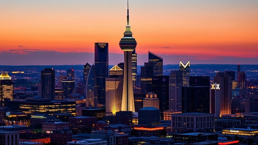 Dallas skyline with Reunion Tower prominent at dusk, city lights reflecting off glass buildings, Fort Worth cityscape blending into background, dynamic urban landscape representing departure point for cross-country travel