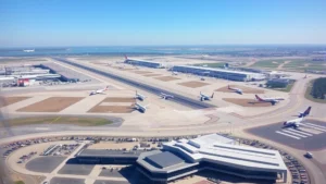 Aerial view of Dallas-Fort Worth International Airport with multiple runways and aircraft on tarmac, modern terminal buildings visible below, clear blue sky, daytime photography