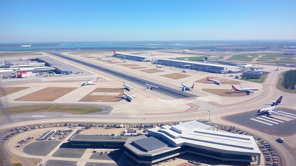 Aerial view of Dallas-Fort Worth International Airport with multiple runways and aircraft on tarmac, modern terminal buildings visible below, clear blue sky, daytime photography