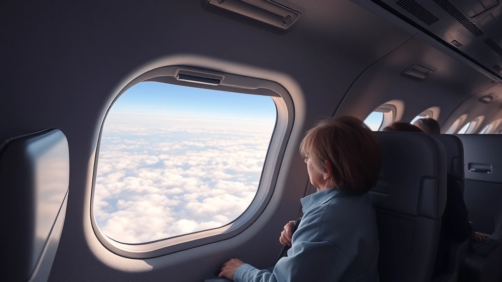Interior of commercial aircraft cabin during flight, passengers seated comfortably, window view of clouds and landscape below, natural lighting from windows, realistic aircraft interior
