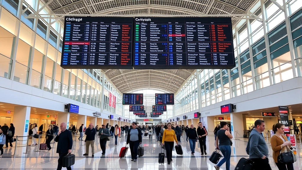 Chicago O'Hare International Airport terminal interior showing modern architecture, travelers walking with luggage, departure boards overhead, contemporary airport design, bustling atmosphere