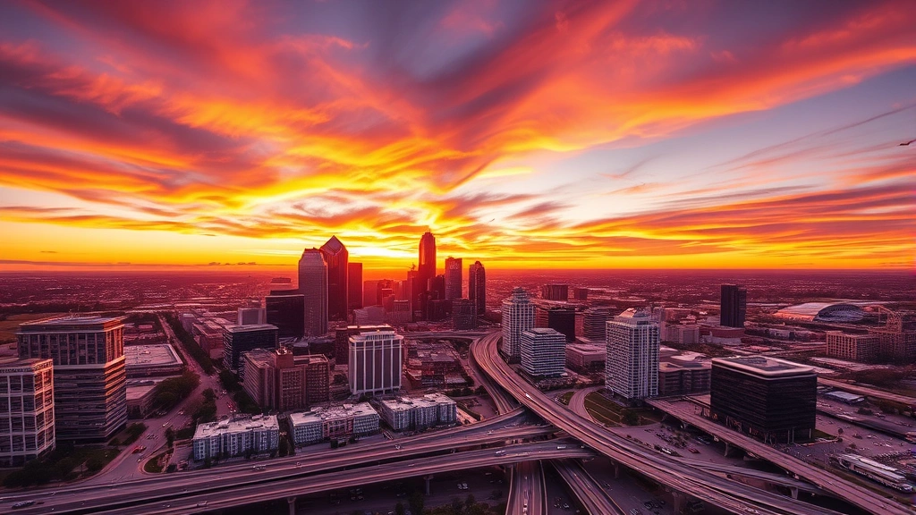 Aerial view of Dallas-Fort Worth skyline at sunset with downtown buildings and highways, vibrant orange and purple sky, photorealistic travel photography