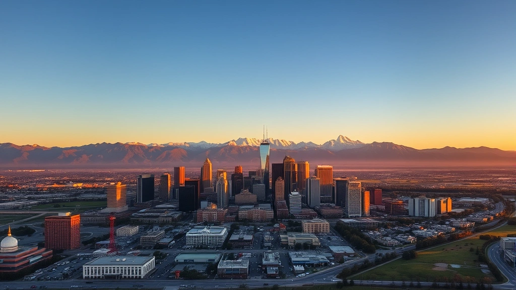 Aerial view of Denver skyline with Rocky Mountains in background during golden hour, clear blue sky, modern cityscape visible, professional travel photography
