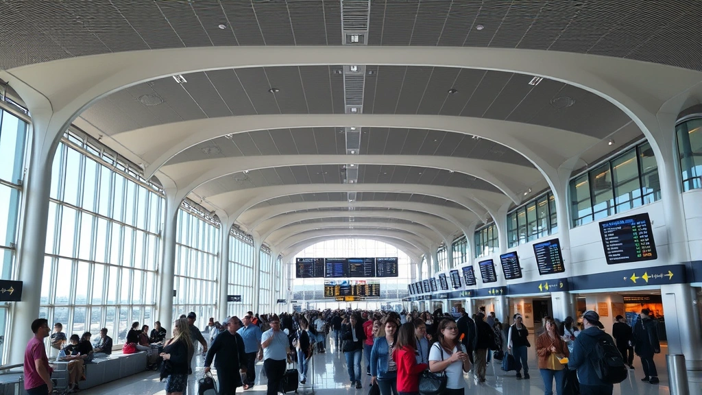 Dallas Fort Worth International Airport modern terminal interior with travelers, departure boards, natural lighting, busy but organized airport atmosphere