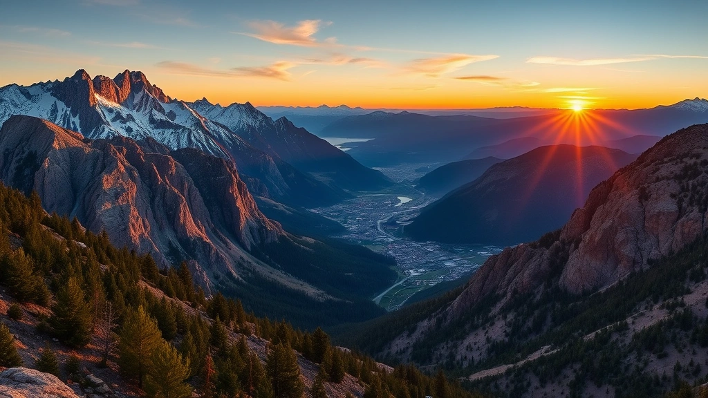 Colorado mountain landscape with Denver visible in valley below, scenic overlook perspective, sunset lighting, breathtaking natural beauty of Rocky Mountains region