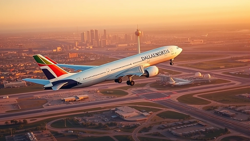 Aerial view of modern commercial aircraft taking off from Dallas-Fort Worth International Airport with Texas landscape below, golden hour lighting, photorealistic