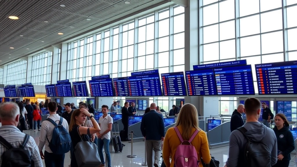 Inside modern airport terminal with travelers at gates, digital departure boards showing flight information, natural window lighting, busy travel environment