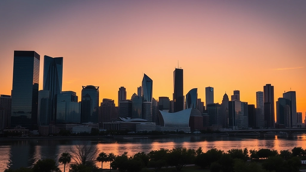 Panoramic cityscape of Houston skyline with modern skyscrapers reflected in water, sunset light, vibrant urban atmosphere, no text visible