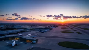 Aerial view of Dallas Fort Worth International Airport at sunset with multiple aircraft parked at gates, modern terminal buildings, and expansive runway infrastructure visible from above