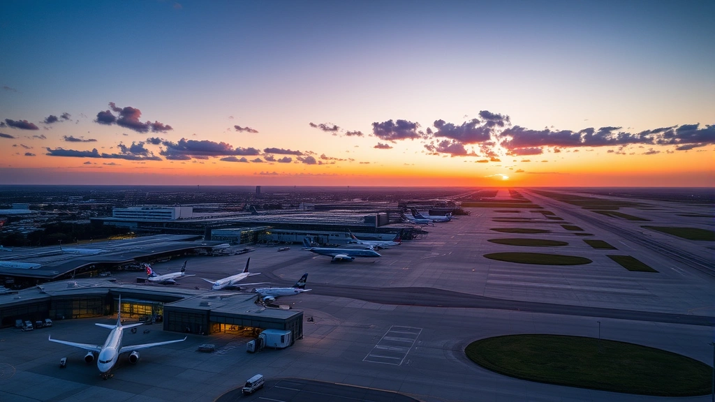 Aerial view of Dallas Fort Worth International Airport at sunset with multiple aircraft parked at gates, modern terminal buildings, and expansive runway infrastructure visible from above