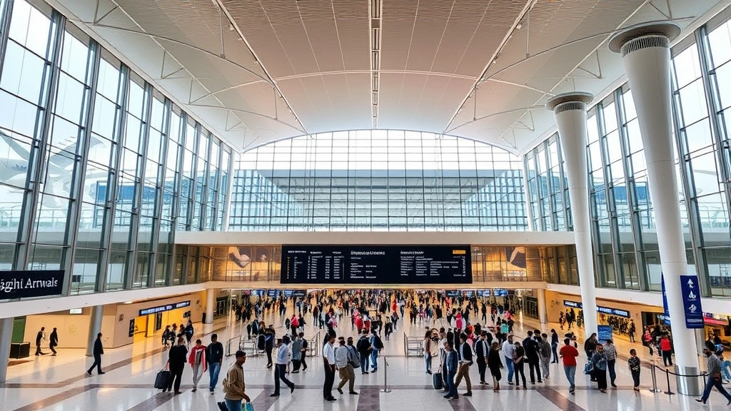 Modern Rajiv Gandhi International Airport terminal in Hyderabad with contemporary architecture, departure hall with travelers, sleek glass and steel design, bustling international gateway