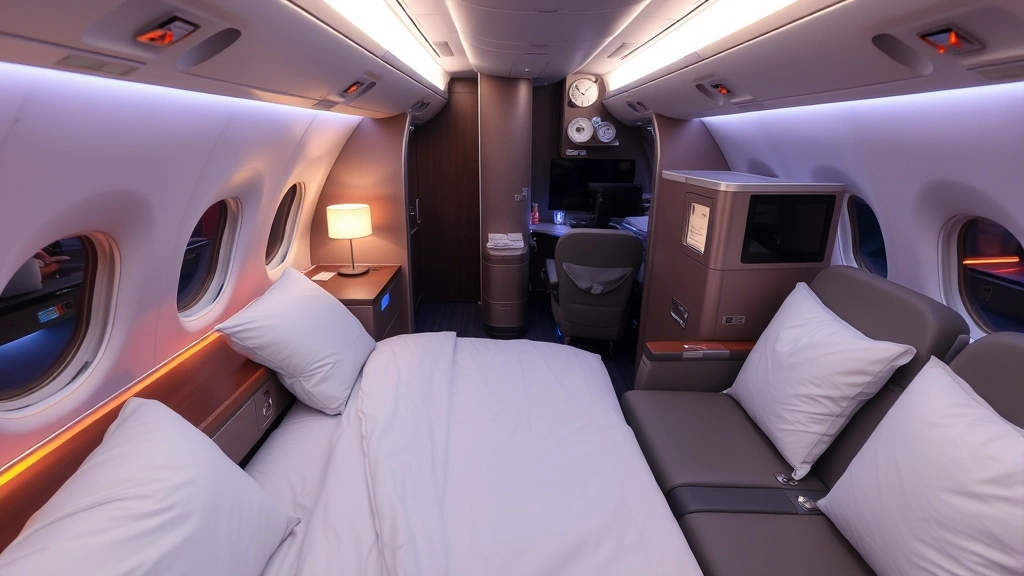 Comfortable business class airplane cabin interior showing lie-flat bed, premium amenities, ambient lighting, and spacious seating on a wide-body aircraft for long-haul travel