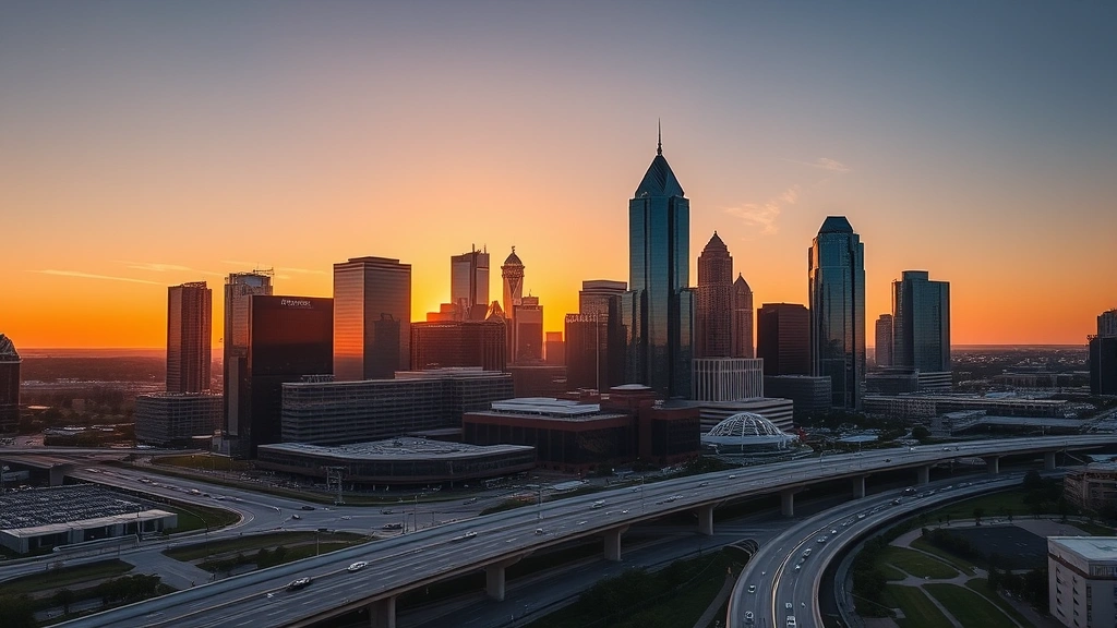 Aerial view of Dallas-Fort Worth skyline at sunset with modern glass skyscrapers reflecting golden light, busy highways with traffic below, professional cityscape photography