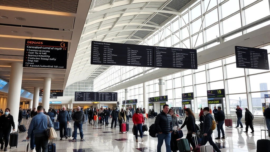 Los Angeles International Airport terminal interior with modern architecture, departure boards, travelers with luggage, natural lighting from large windows, bustling airport atmosphere