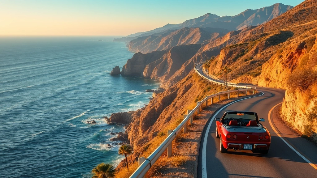 Scenic Pacific Coast Highway near Los Angeles with ocean cliffs, convertible car on winding road, blue water and palm trees visible, golden hour lighting, travel adventure feeling