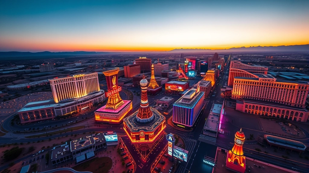 Aerial view of Las Vegas Strip at sunset with bright neon lights and desert landscape, photorealistic travel photography, no text or signage visible
