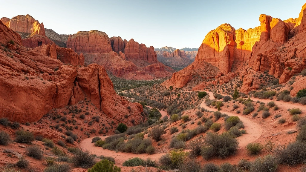 Red Rock Canyon near Las Vegas with dramatic red rock formations, hiking trails, desert vegetation, golden hour lighting, no people or text
