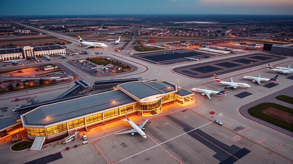 Aerial view of Dallas Fort Worth International Airport with modern terminals and runways, golden hour lighting, commercial aircraft on tarmac, sprawling Texas landscape in background