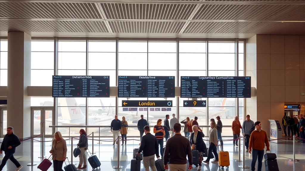 Modern airport terminal interior showing departure boards displaying London flights, diverse travelers with luggage at gates, floor-to-ceiling windows with aircraft views, contemporary airport design with natural lighting