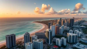 Aerial view of Miami skyline with turquoise ocean, Art Deco buildings, and vibrant cityscape at golden hour, photorealistic high-quality travel photography