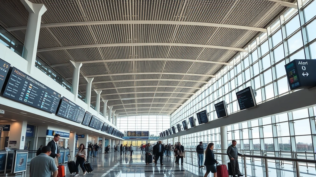 Dallas-Fort Worth International Airport terminal interior with modern architecture, departure boards, and travelers with luggage, bright natural lighting, professional travel documentary style