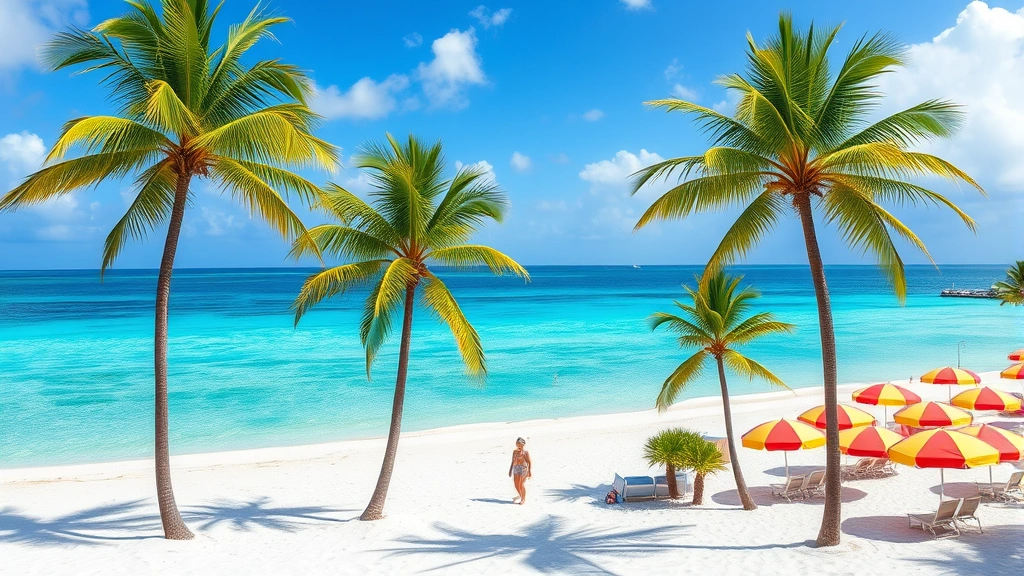Tropical Miami beach scene with palm trees, white sand, crystal clear turquoise water, and colorful beach umbrellas, nobody visible, photorealistic vacation destination imagery
