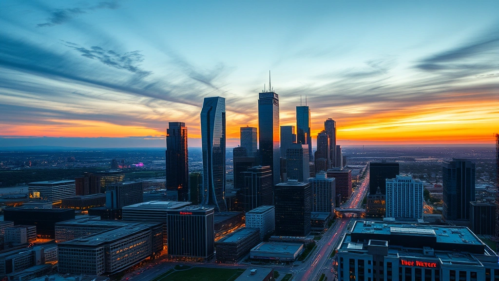Aerial view of Dallas skyline with modern skyscrapers and city lights at sunset, photorealistic cityscape photography, no text or signs visible