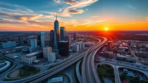 Aerial view of Dallas-Fort Worth skyline with modern downtown skyscrapers and highways stretching to horizon at golden hour sunset, vibrant Texas landscape, professional travel photography
