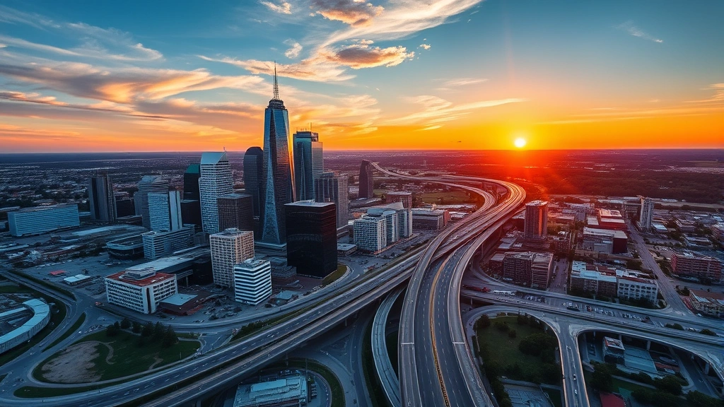 Aerial view of Dallas-Fort Worth skyline with modern downtown skyscrapers and highways stretching to horizon at golden hour sunset, vibrant Texas landscape, professional travel photography