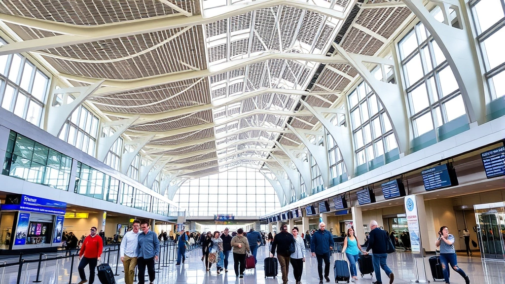 Dallas Fort Worth International Airport terminal interior with modern architecture, travelers walking with luggage, departure boards visible, bright natural lighting, contemporary airport design