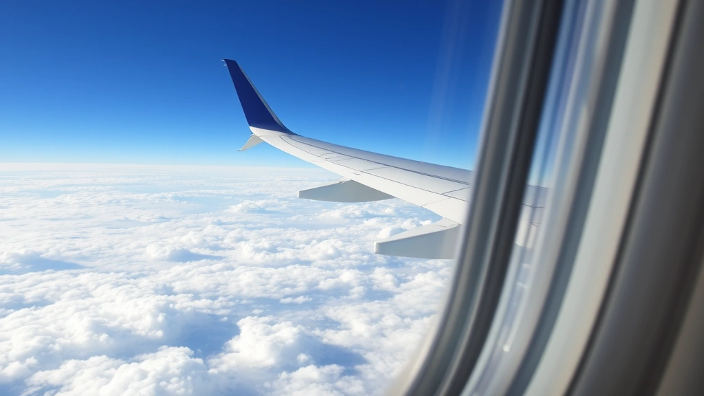 Commercial airplane window view during flight with wing visible against bright blue sky and white clouds below, authentic mid-flight perspective, photorealistic airline travel scene