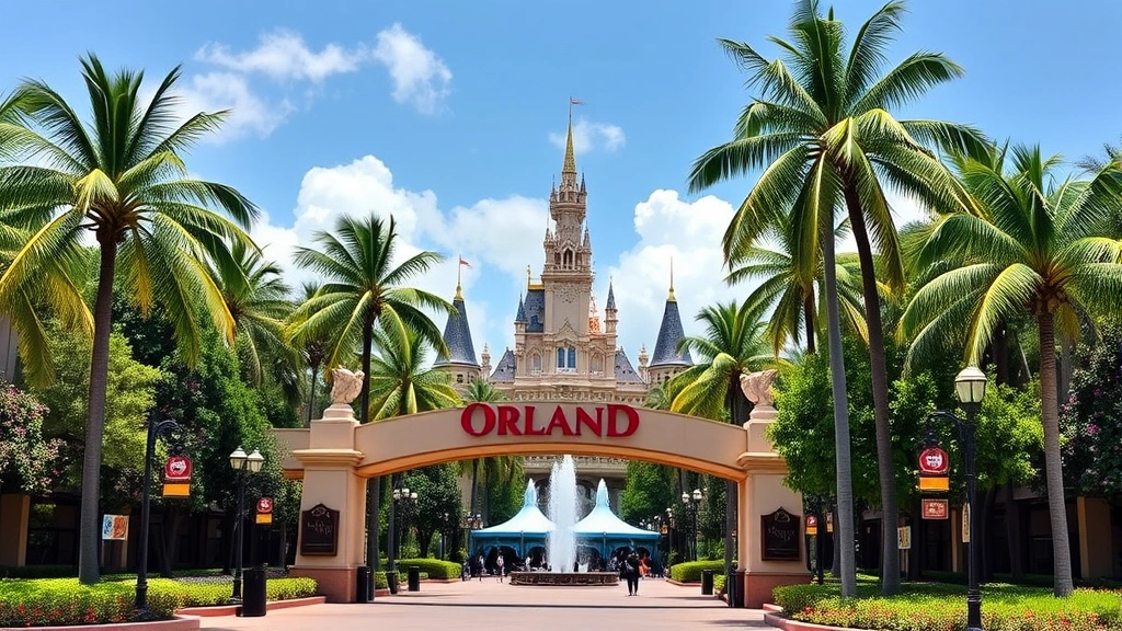 Orlando theme park entrance with iconic architecture visible in background, lush Florida tropical landscape with palm trees, bright sunny day, vacation destination atmosphere without visible text or signage