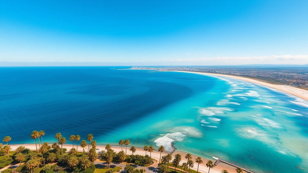 Aerial view of San Diego coastline with Pacific Beach and Mission Beach visible, crystal clear turquoise water, white sandy beaches, palm trees lining the shore, sunny day with blue sky and minimal clouds, photorealistic travel destination photography