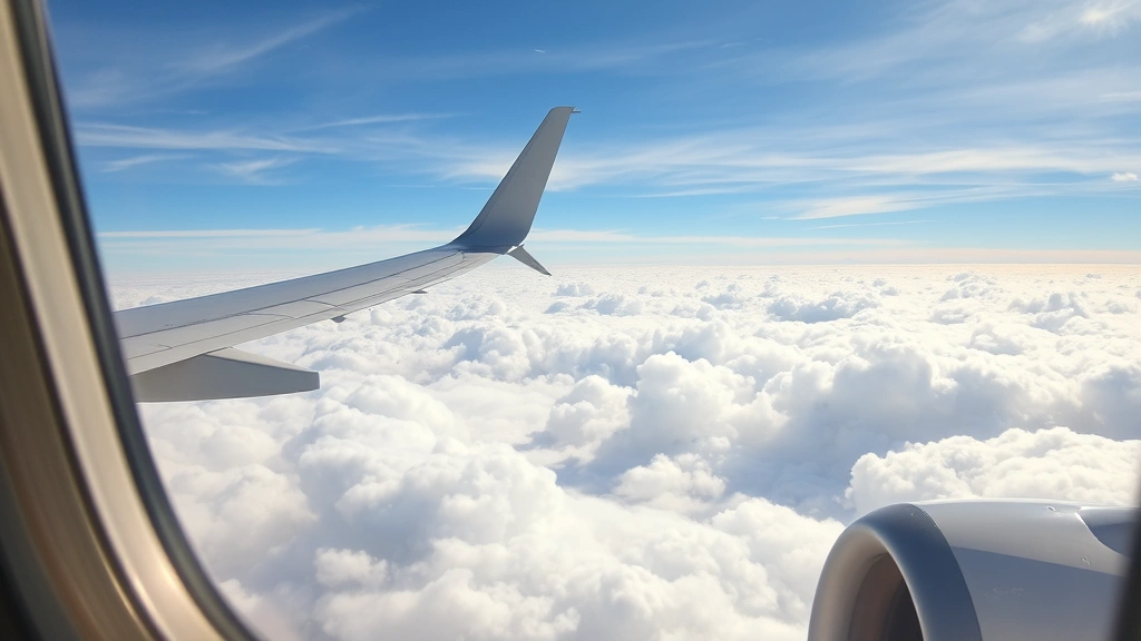 Modern commercial airplane window view during flight with wing visible, puffy white clouds below and blue sky above, bright natural lighting, photorealistic aviation photography capturing the Dallas to San Diego flight experience