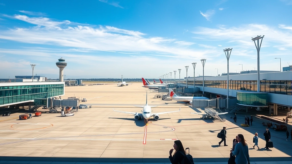 San Diego International Airport departure level with planes on tarmac, modern terminal architecture, blue sky, travelers with luggage, bright daylight, photorealistic travel hub photography showing the final destination airport