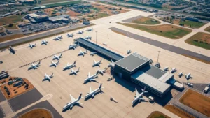 Aerial view of Dallas Fort Worth airport with multiple aircraft parked at gates, modern terminal buildings, sunny Texas landscape, professional aviation photography