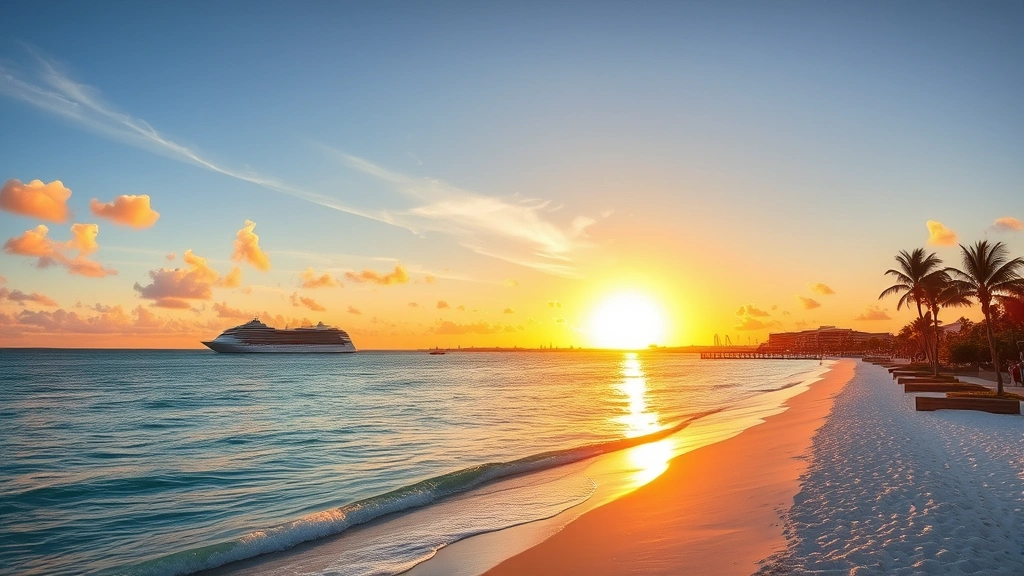 Tampa Bay coastline at golden hour sunset, turquoise water meeting white sand beach, palm trees silhouetted, cruise ships in harbor, vibrant Florida coastal scenery