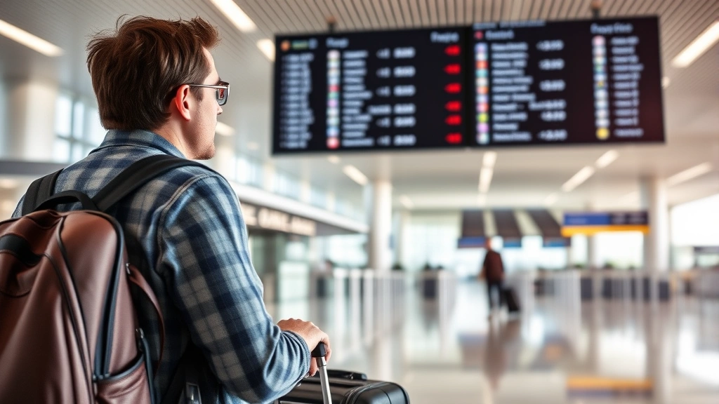 Traveler at airport departure gate holding luggage, checking flight information on digital display board, modern airport interior, natural lighting, candid travel moment